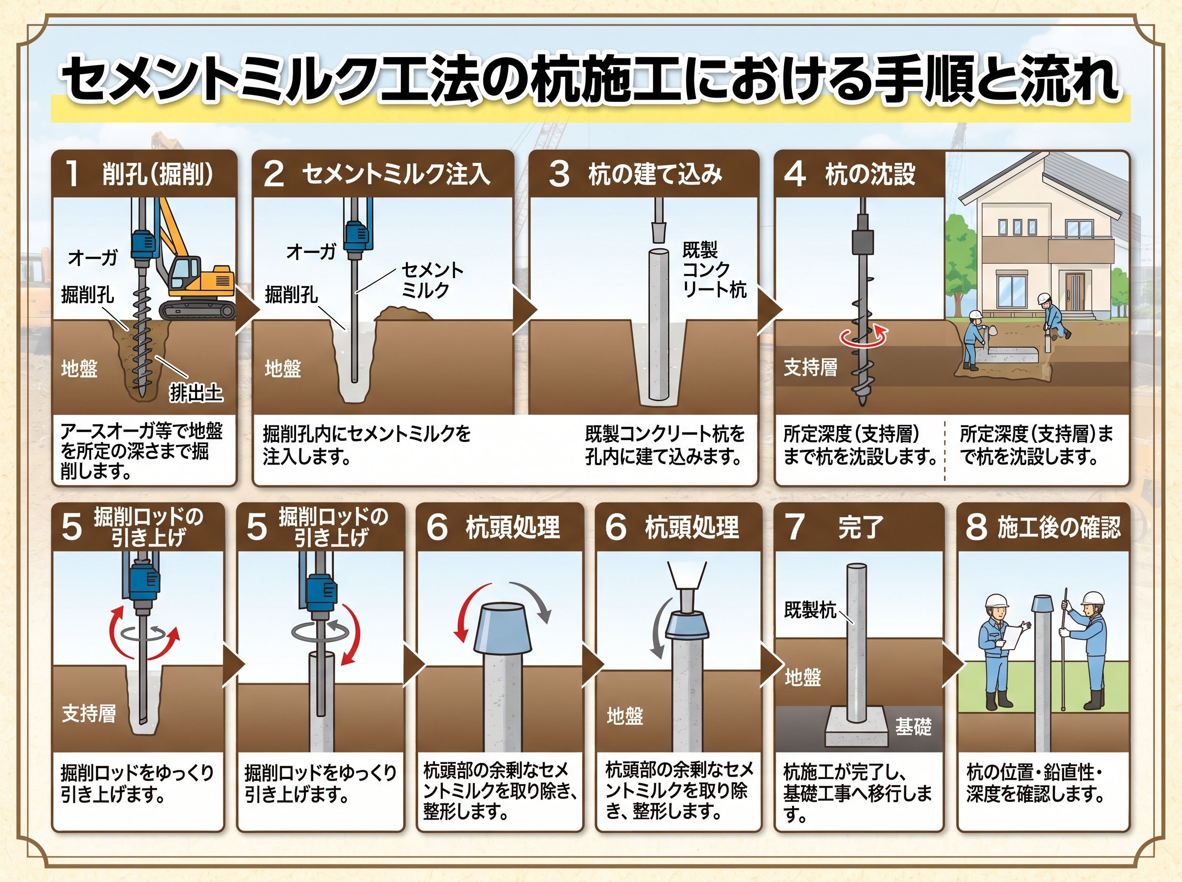 セメントミルク工法の杭施工における手順と流れ