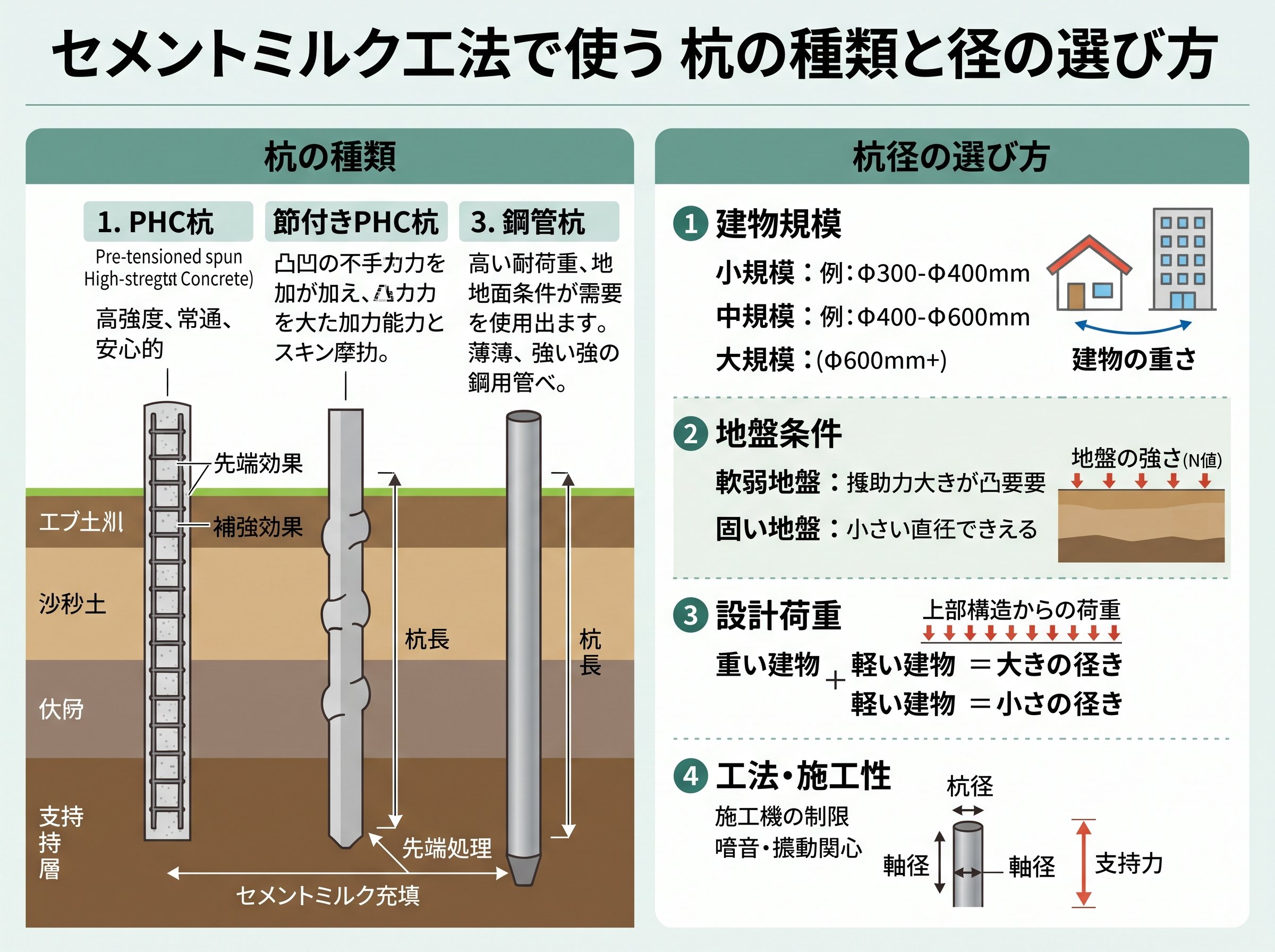 セメントミルク工法で使う杭の種類と径の選び方