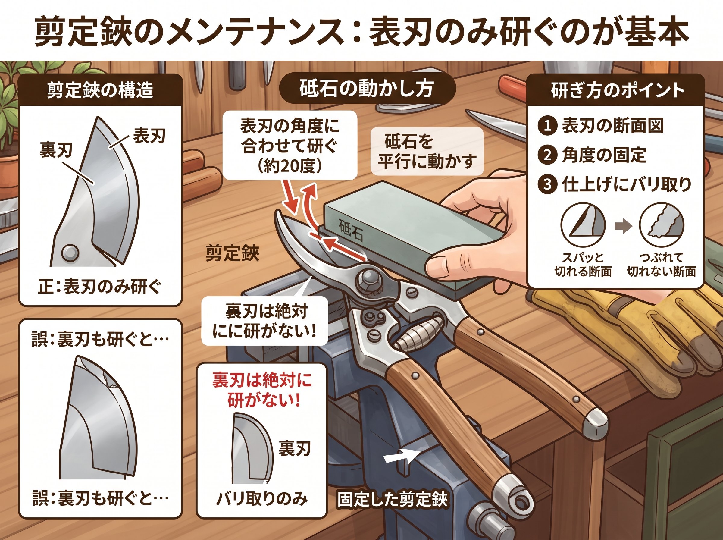 剪定鋏の表刃のみ研ぐのが基本