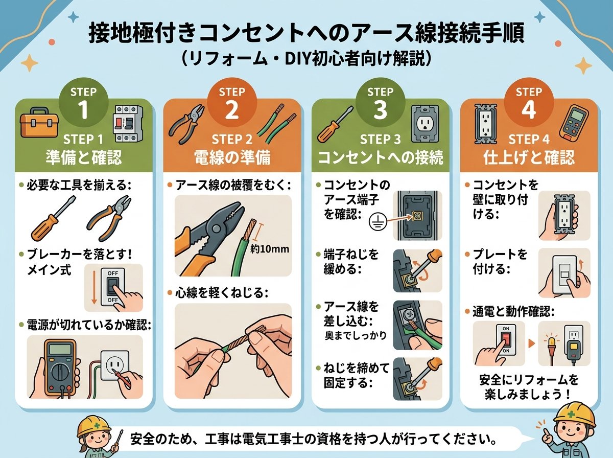 接地極付きコンセントへのアース線接続手順