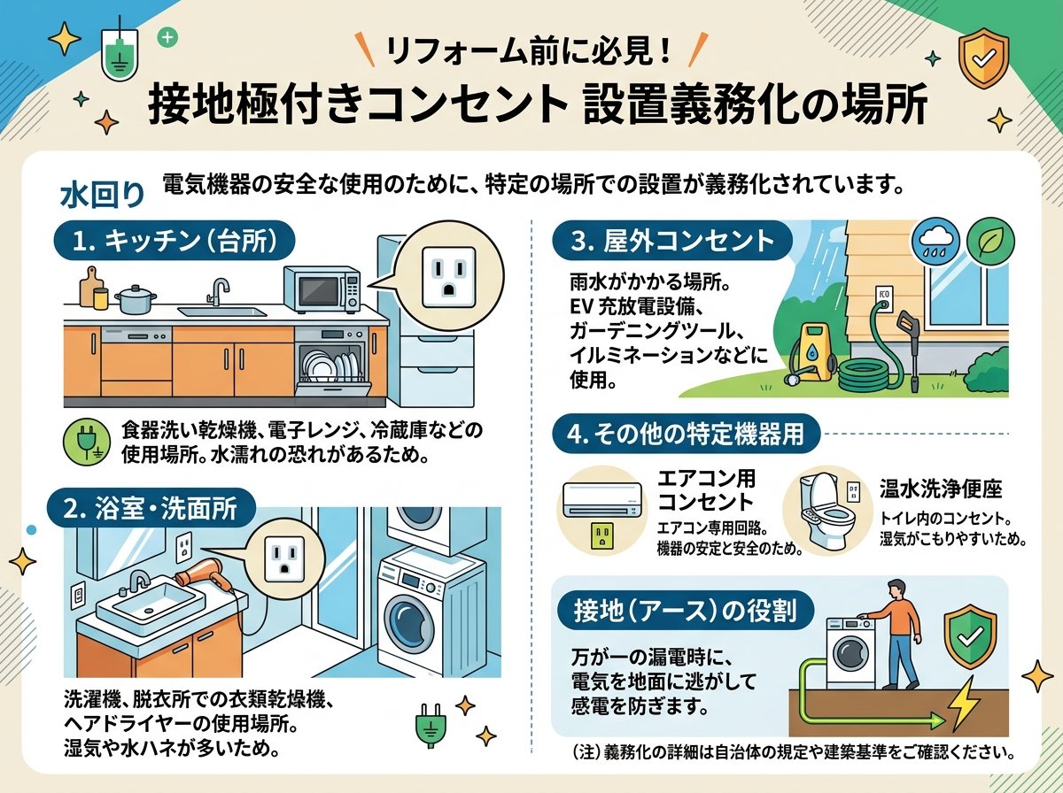 接地極付きコンセント設置が義務化された場所とは