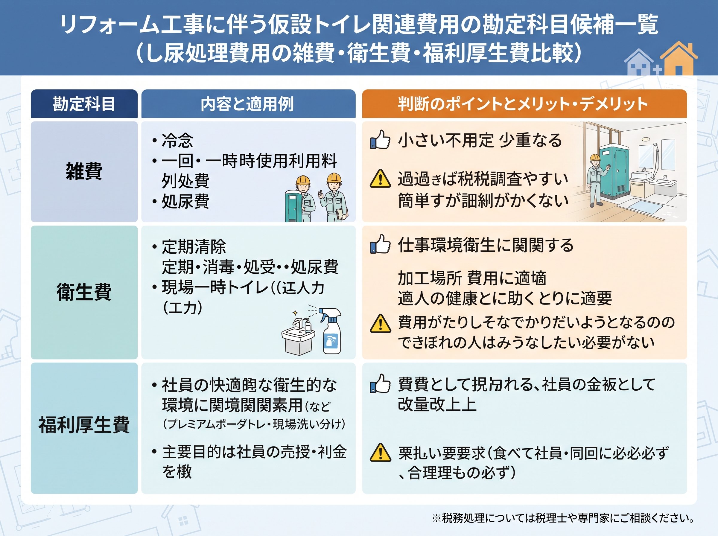 し尿処理費用の勘定科目候補一覧(雑費・衛生費・福利厚生費比較)