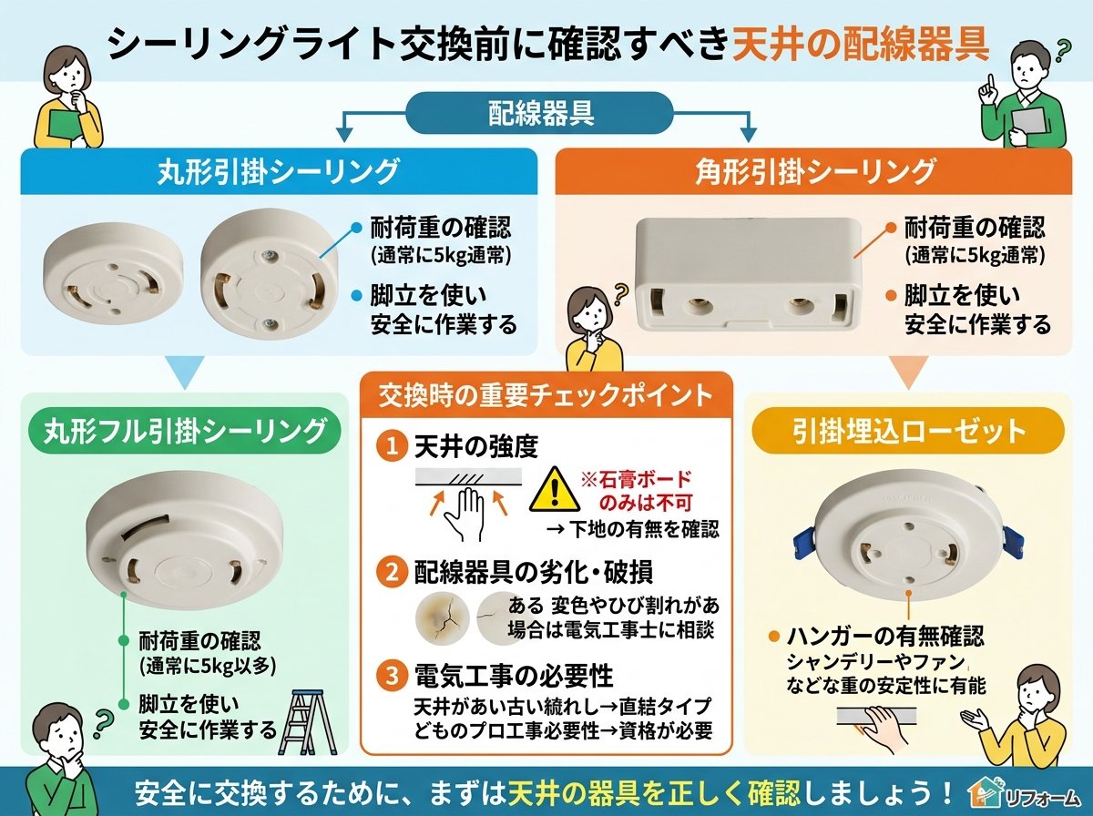 シーリングライト交換前に確認すべき天井の配線器具とは
