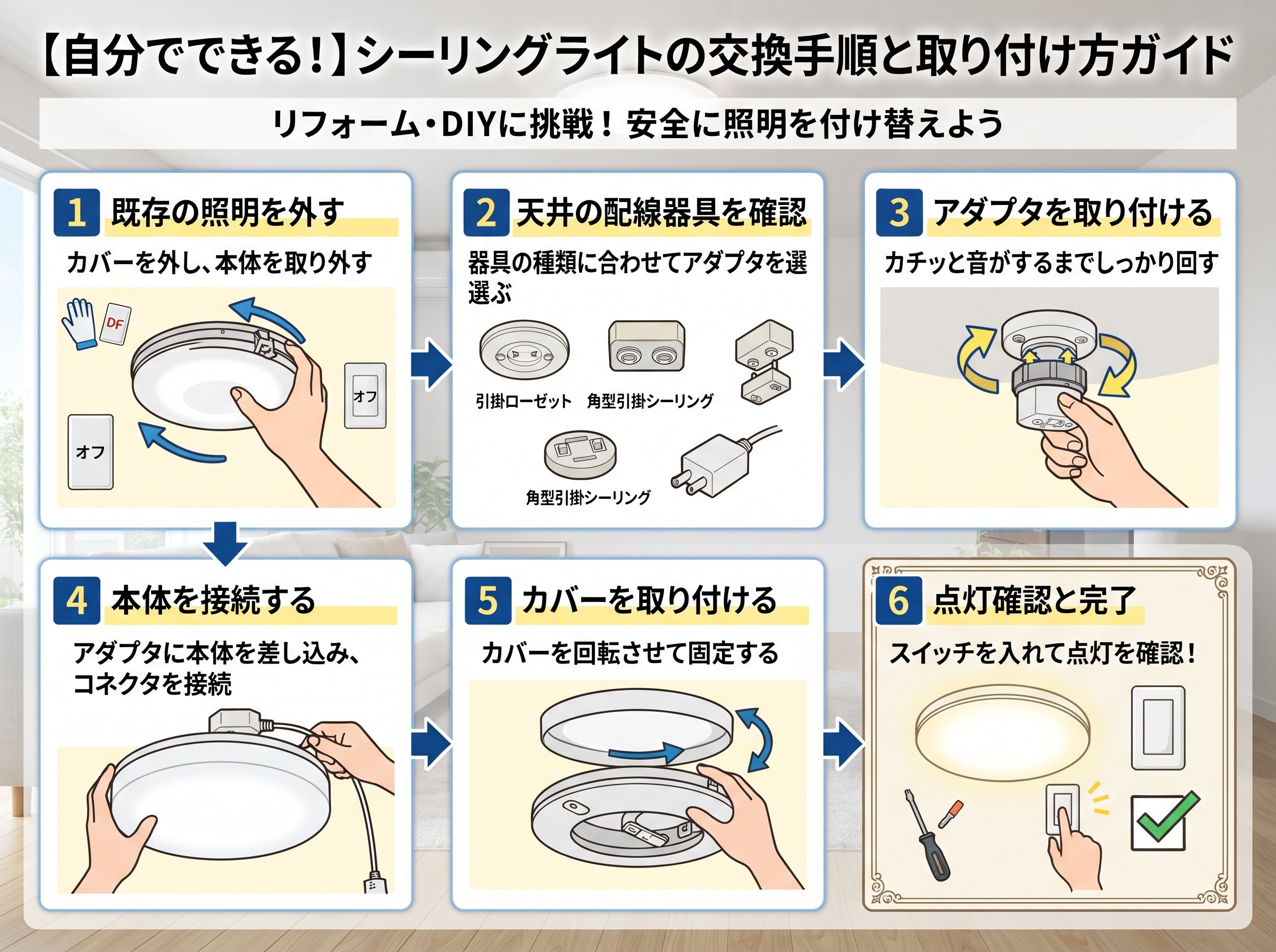 シーリングライトを自分で交換する手順と取り付け方
