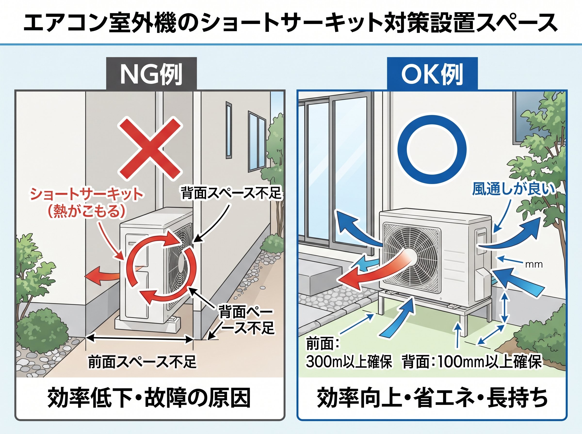 ショートサーキット対策に必要な室外機の設置スペース