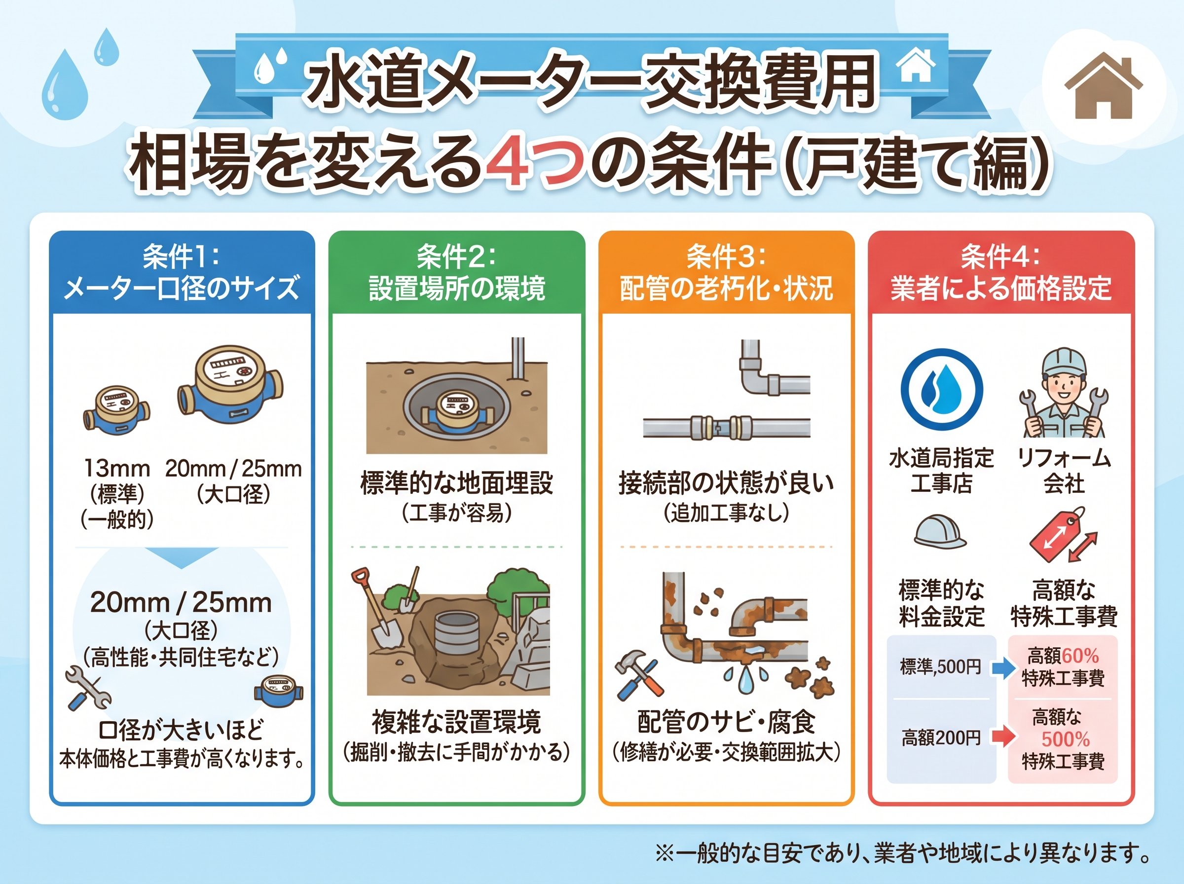水道メーター交換費用 相場を変える4つの条件(戸建て編)