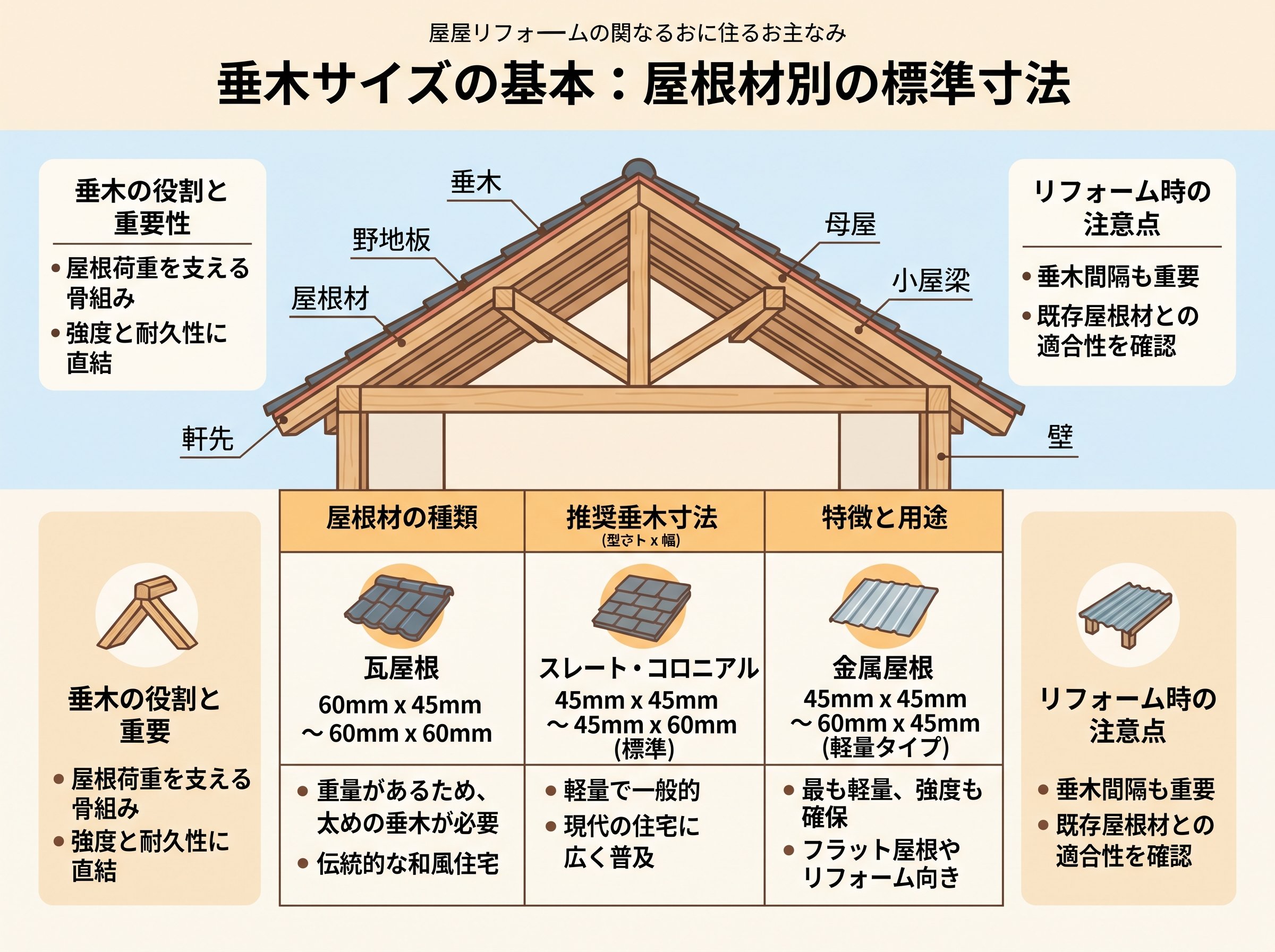 垂木サイズの基本:屋根材別の標準寸法