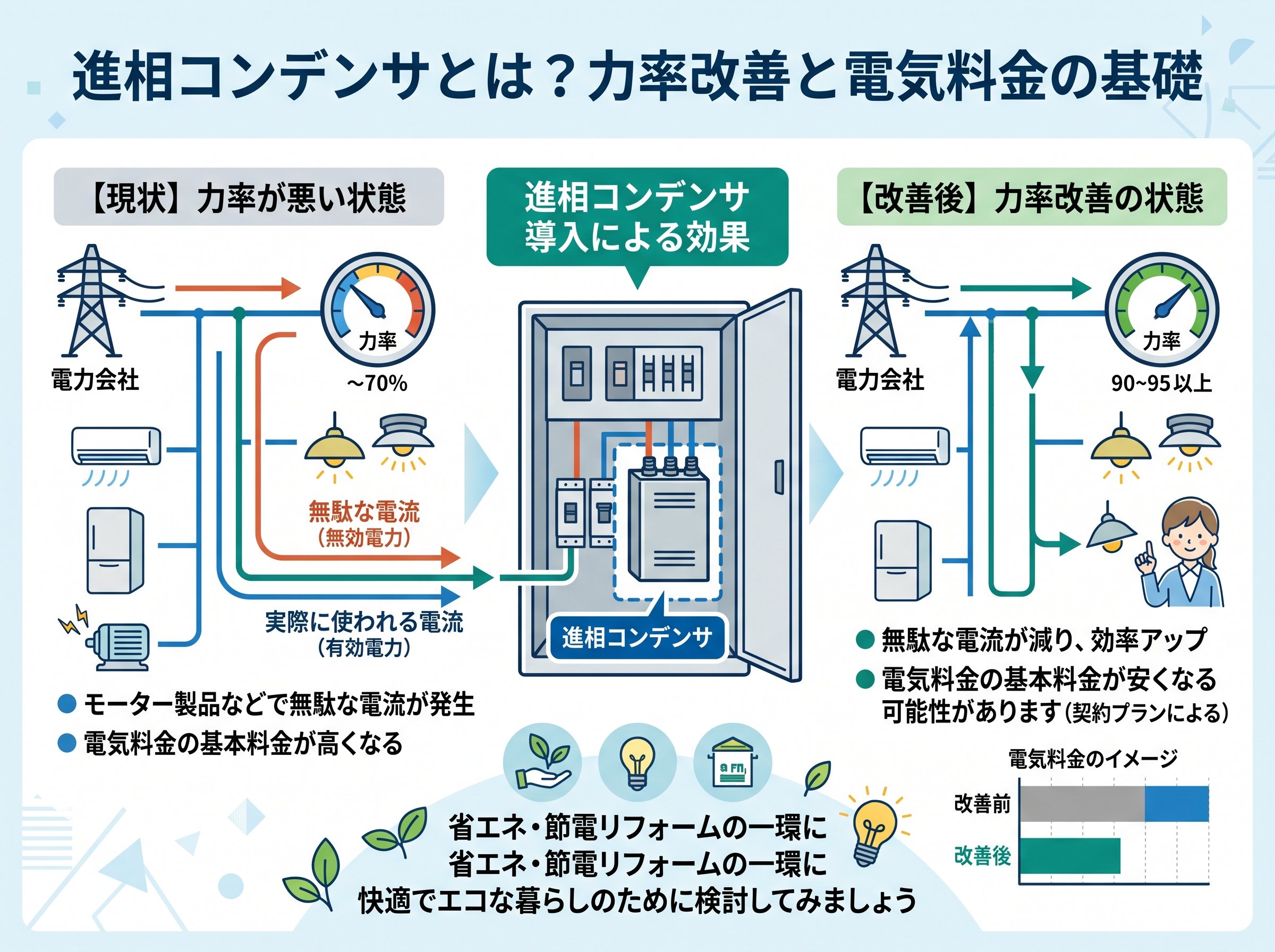 進相コンデンサとは 力率改善と電気料金の基礎