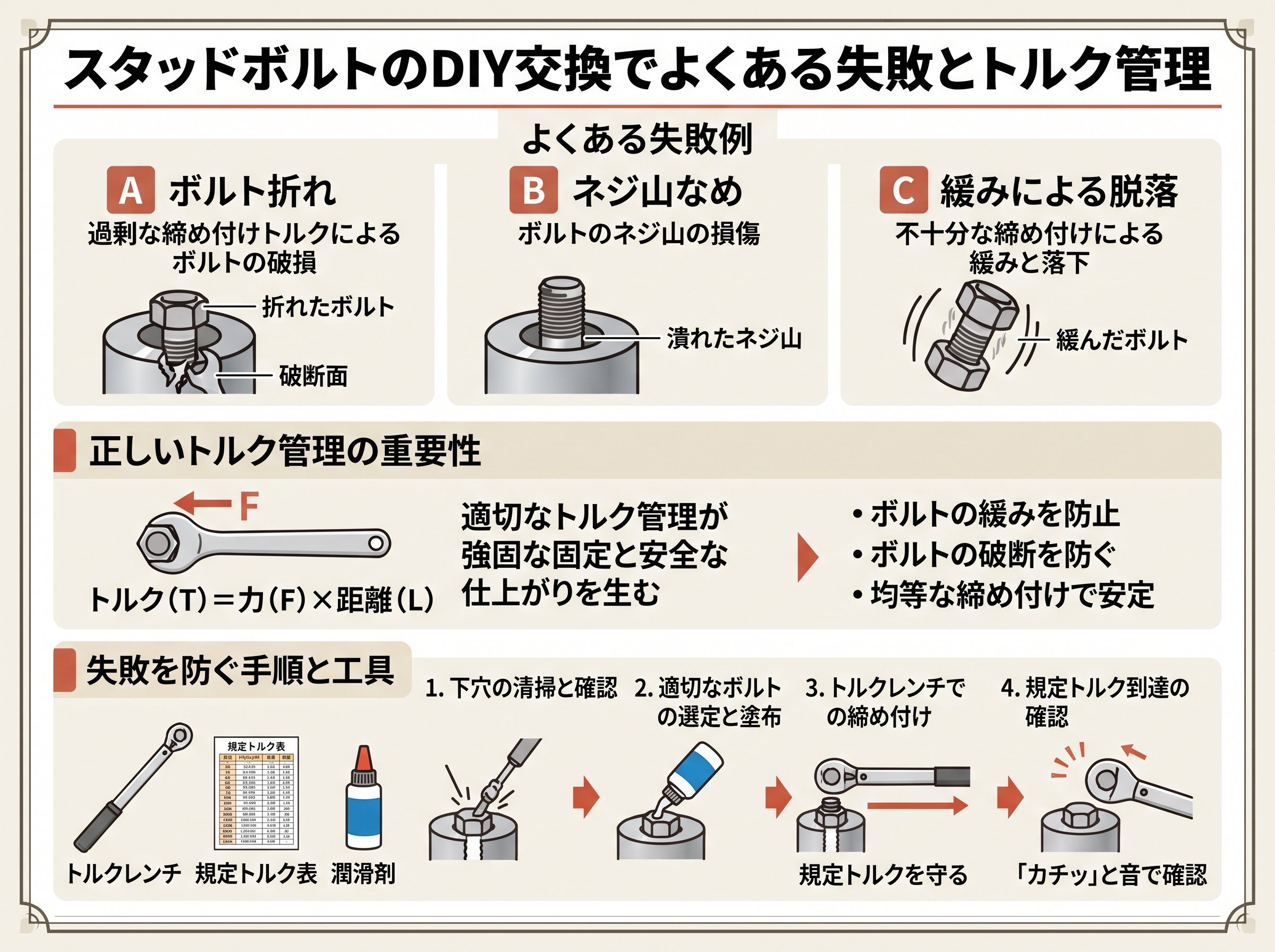 スタッドボルトのDIY交換でよくある失敗とトルク管理