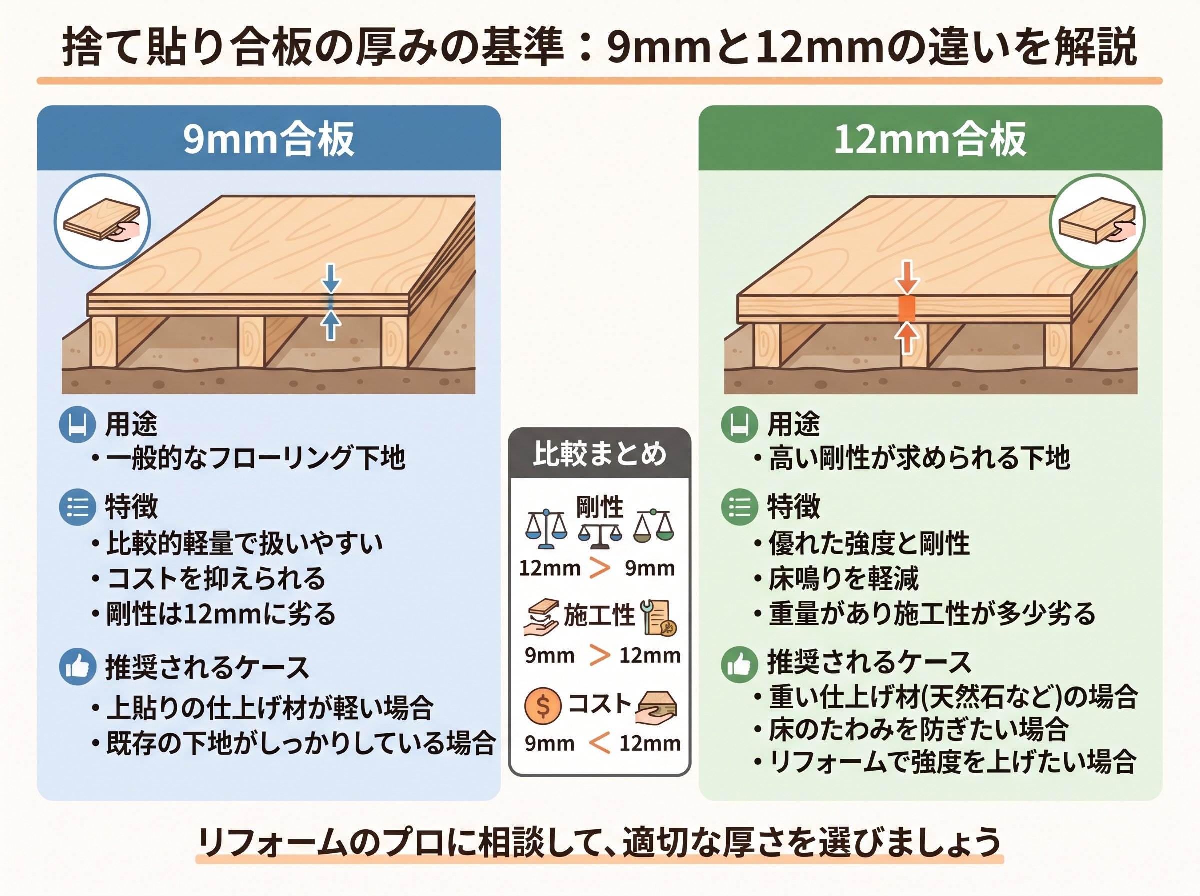 捨て貼り合板の厚みの基準:9mmと12mmの違いを解説