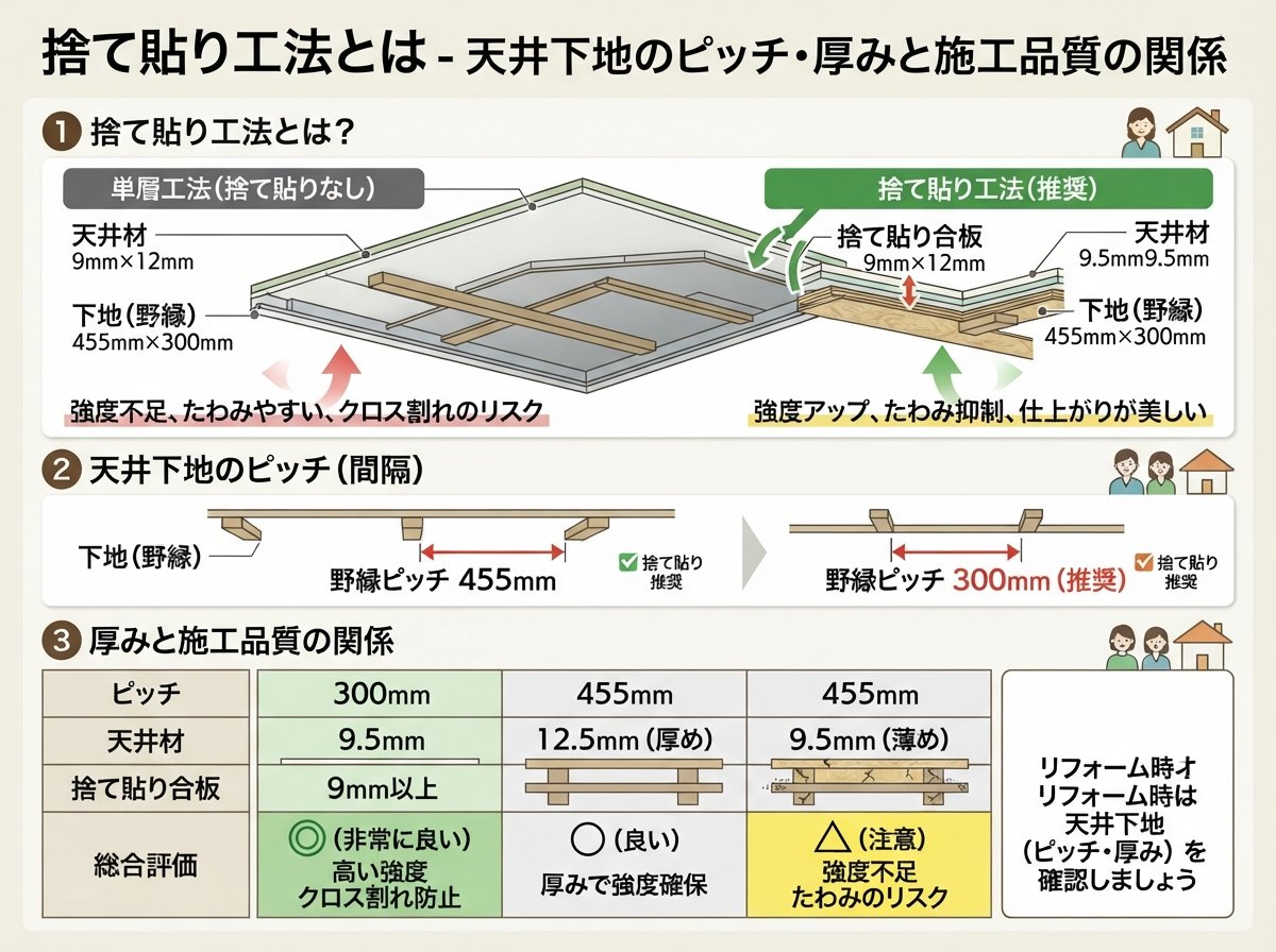 捨て貼り工法とは 天井下地のピッチ・厚みと施工品質の関係