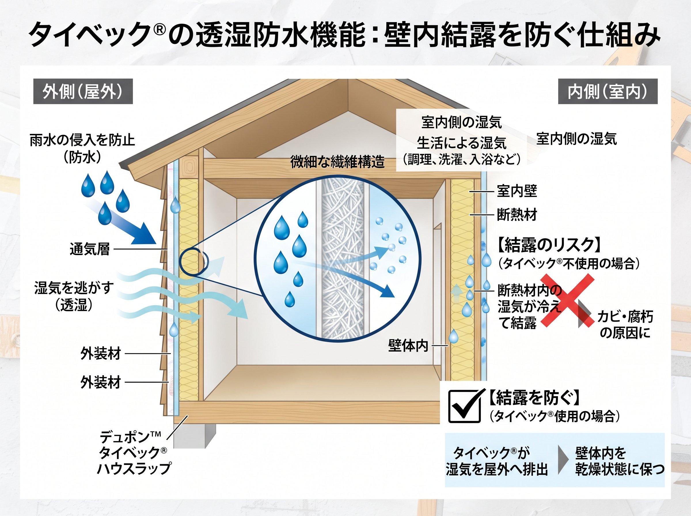 タイベックの透湿防水機能:壁内結露を防ぐ仕組み