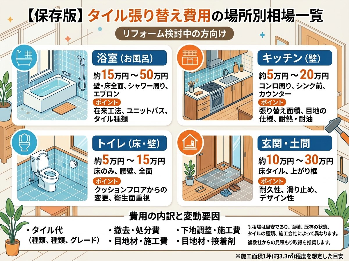 タイル張り替え費用の場所別相場一覧
