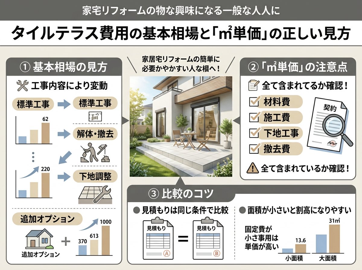 タイルテラス 費用 の基本相場と「㎡単価」の正しい見方