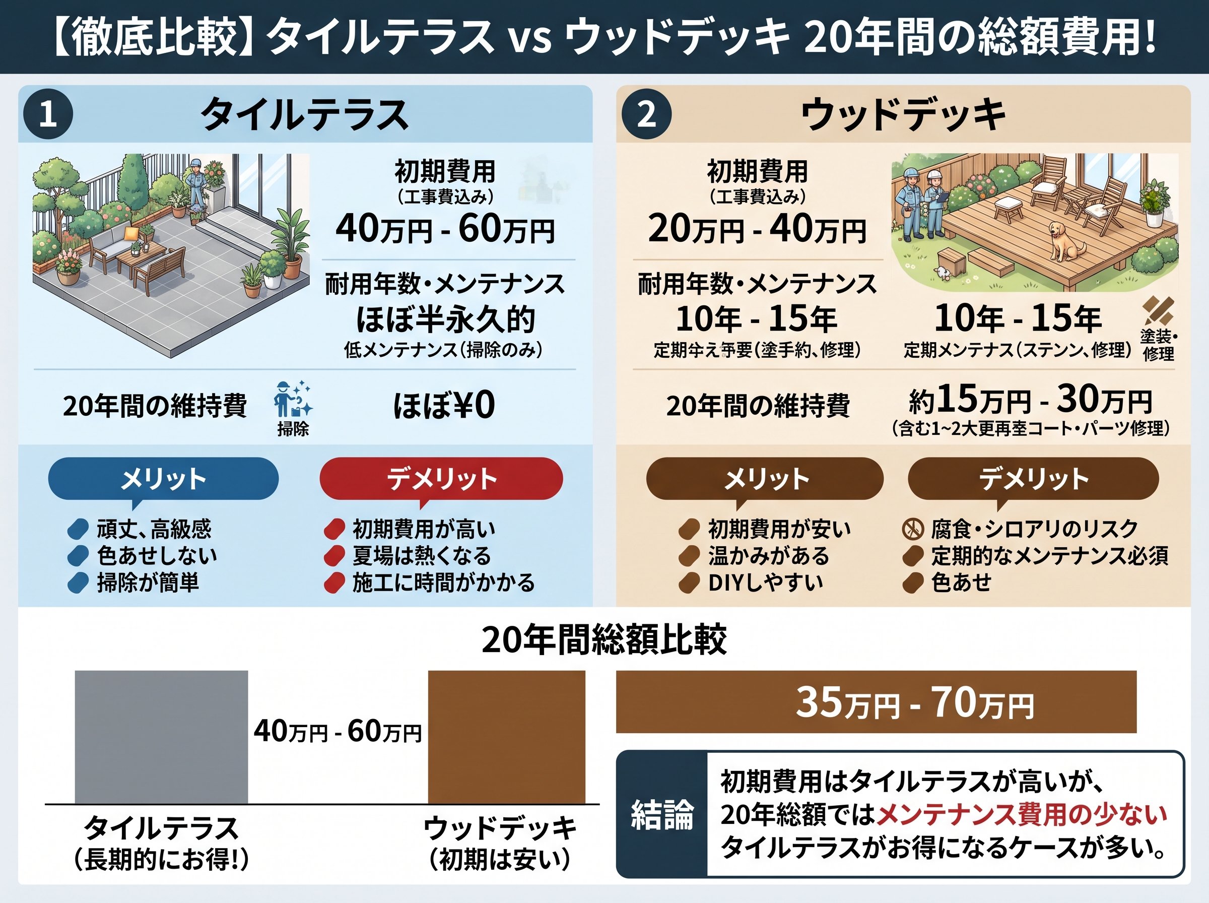 タイルテラス 費用 とウッドデッキの20年総額を具体的に比較