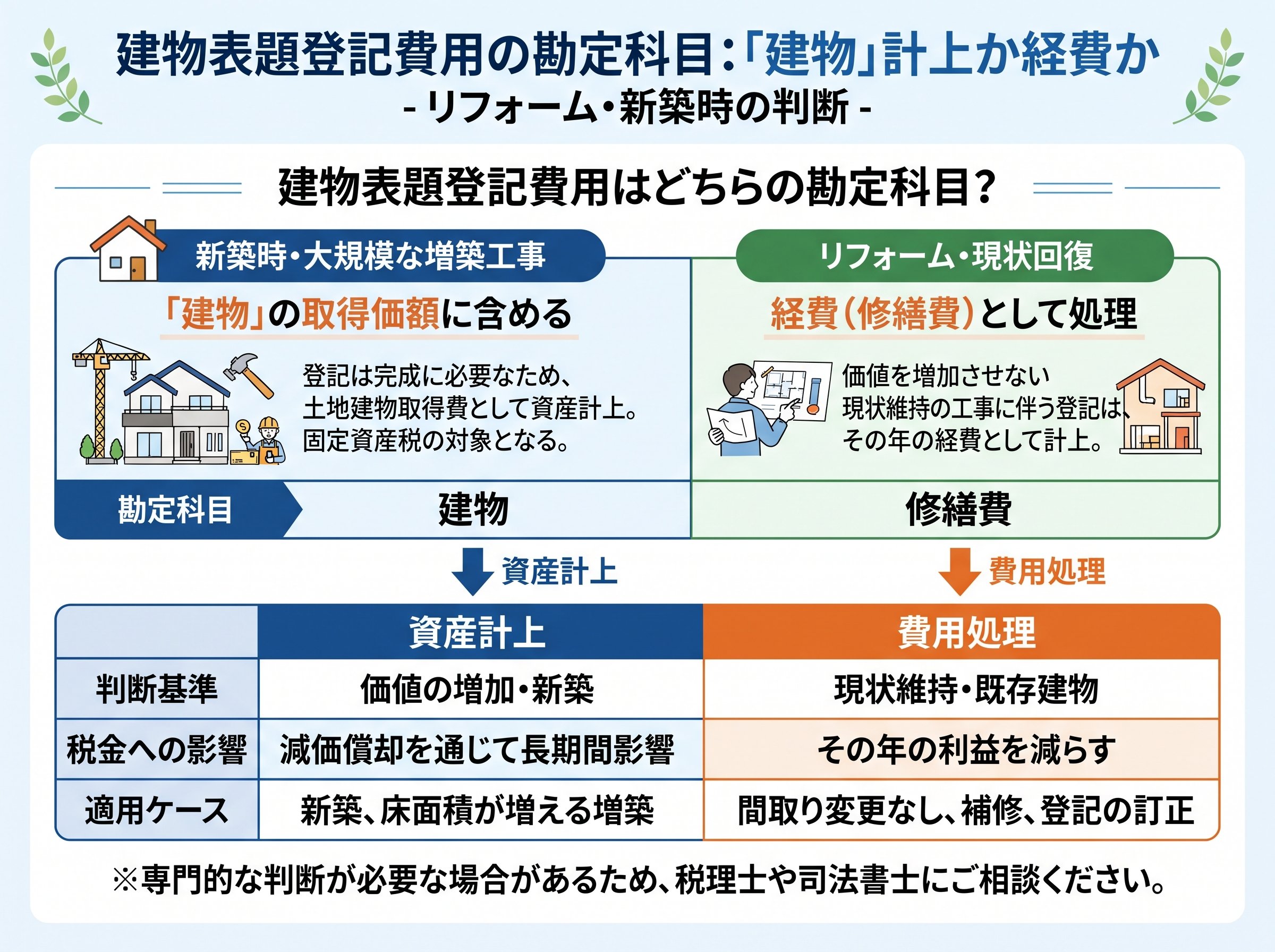 建物表題登記費用の勘定科目:「建物」計上か経費か