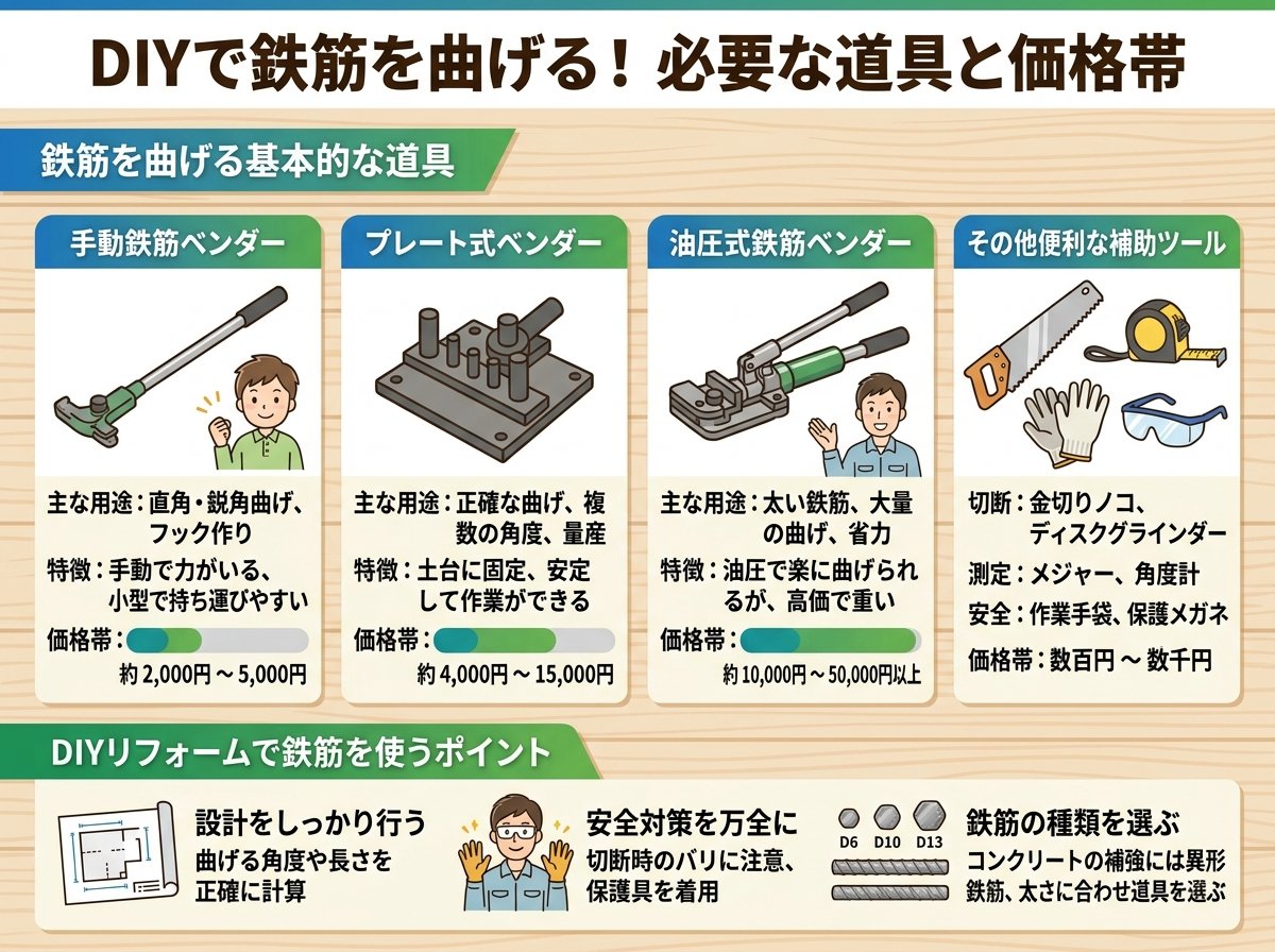 鉄筋曲げ方DIYに必要な道具の種類と価格帯