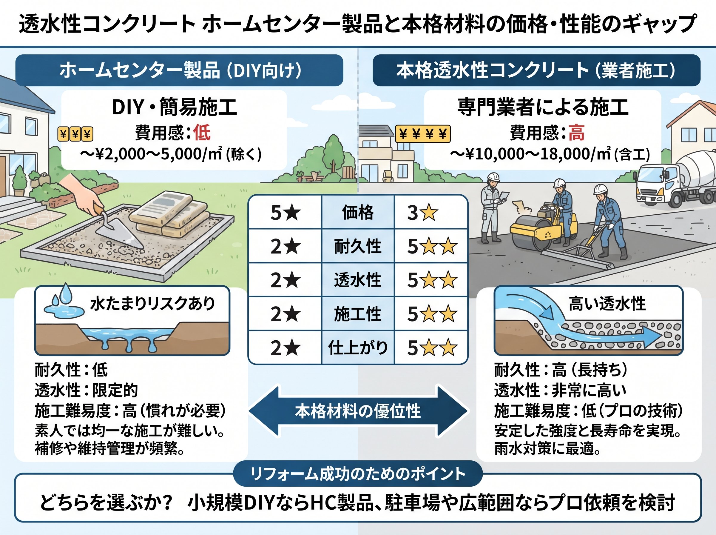 透水性コンクリート ホームセンター製品と本格材料の価格・性能のギャップ