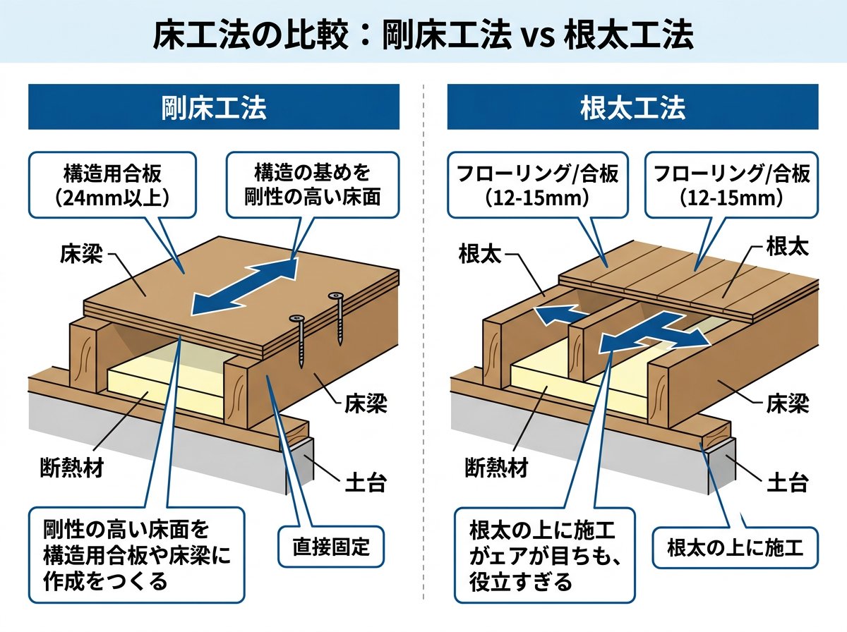 剛床工法とは何か、根太工法との基本構造の違い