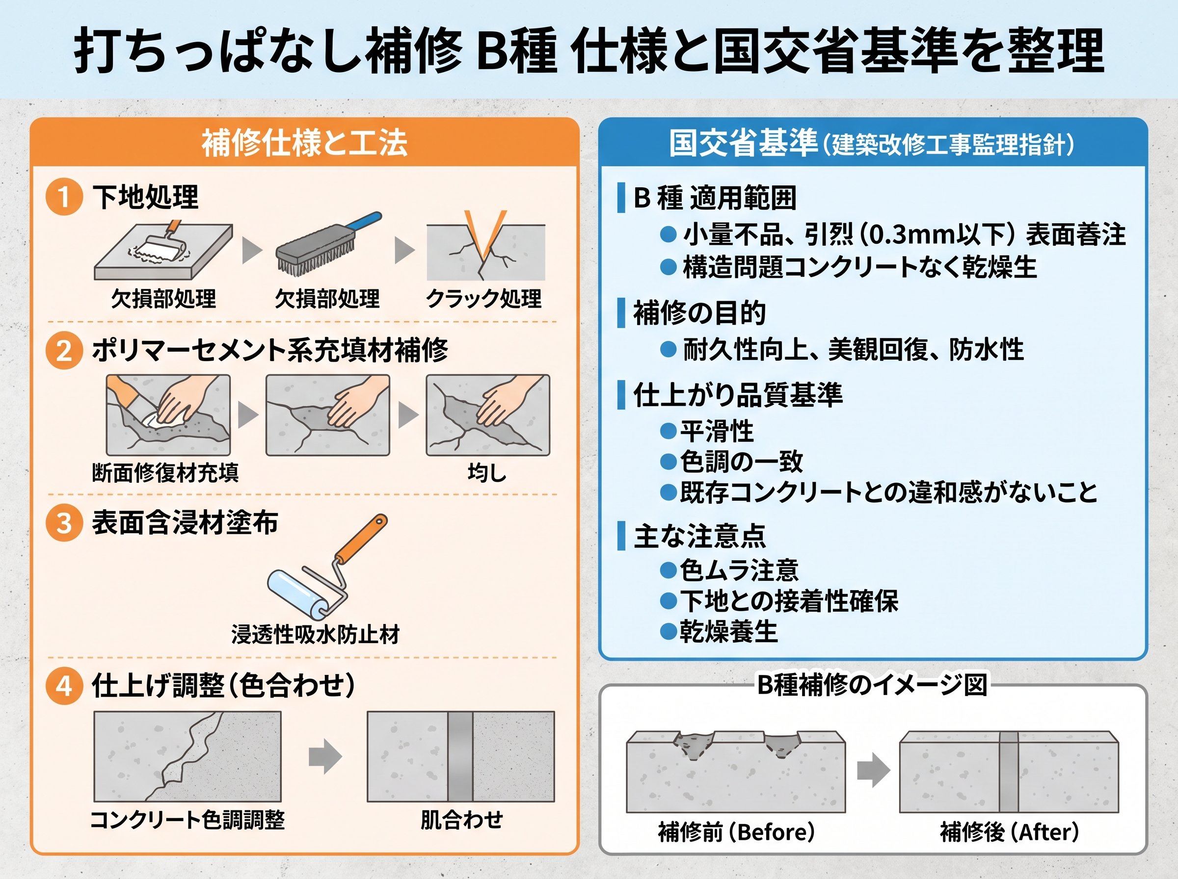 打ちっぱなし補修 b種 仕様と国交省基準を整理