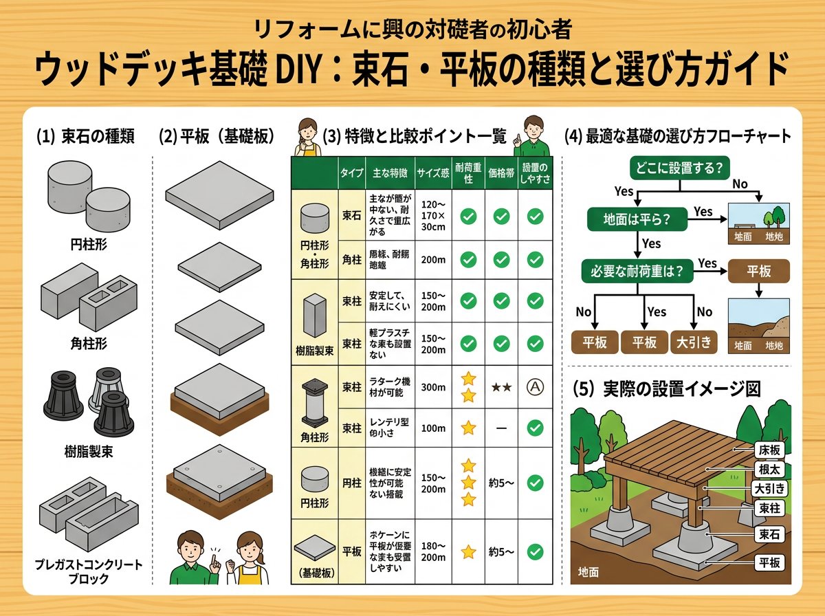 ウッドデッキ基礎DIYで使う束石・平板の種類と選び方