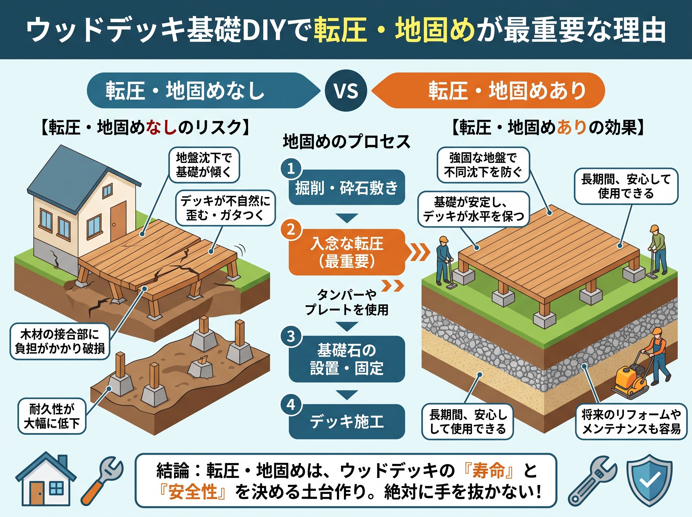 ウッドデッキ基礎DIYで転圧・地固めが最重要な理由
