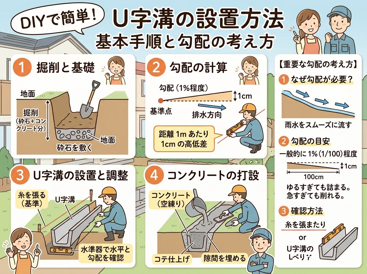 u字溝 設置方法 diy の基本手順と勾配の考え方