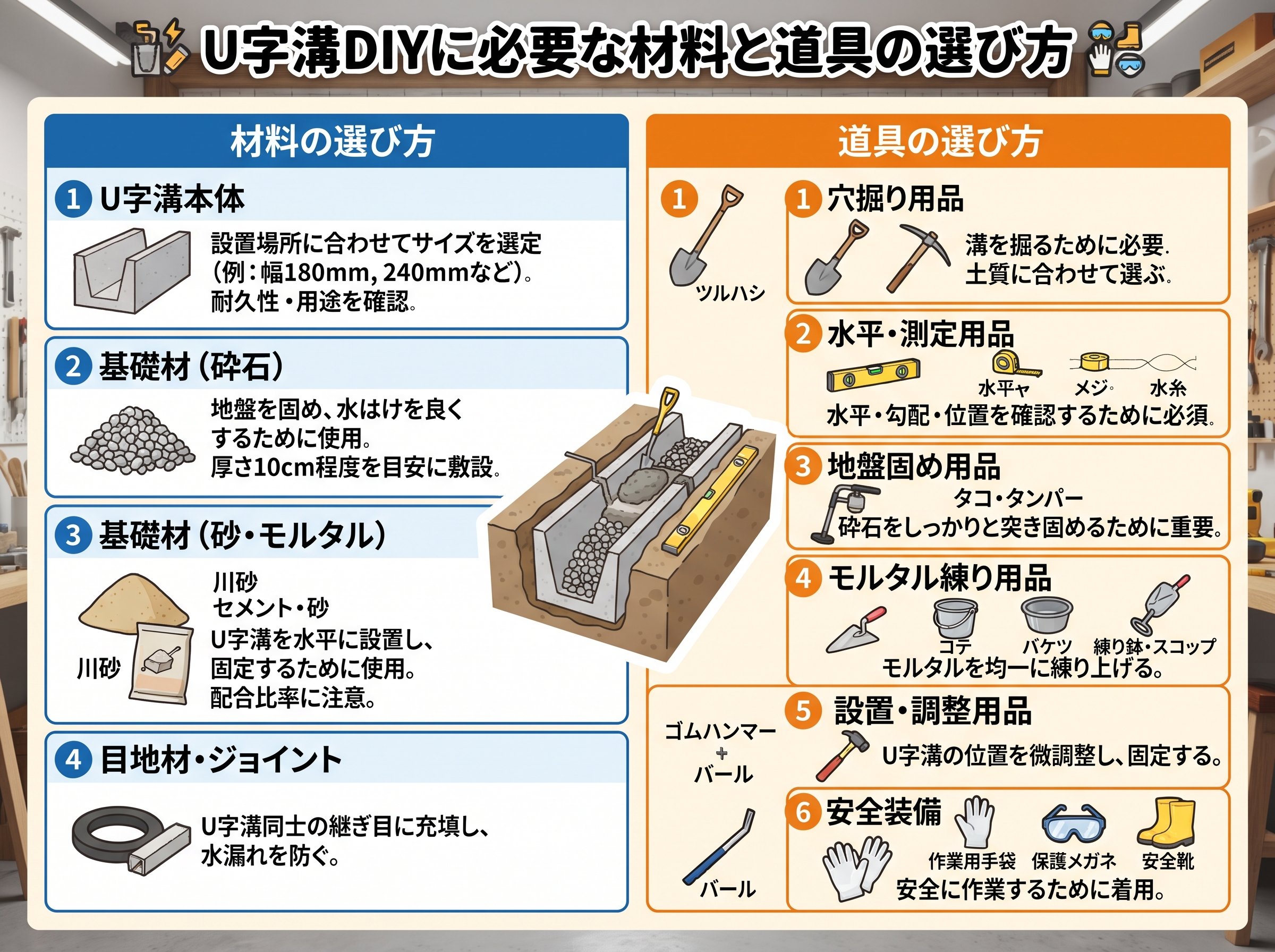 u字溝DIYに必要な材料と道具の選び方