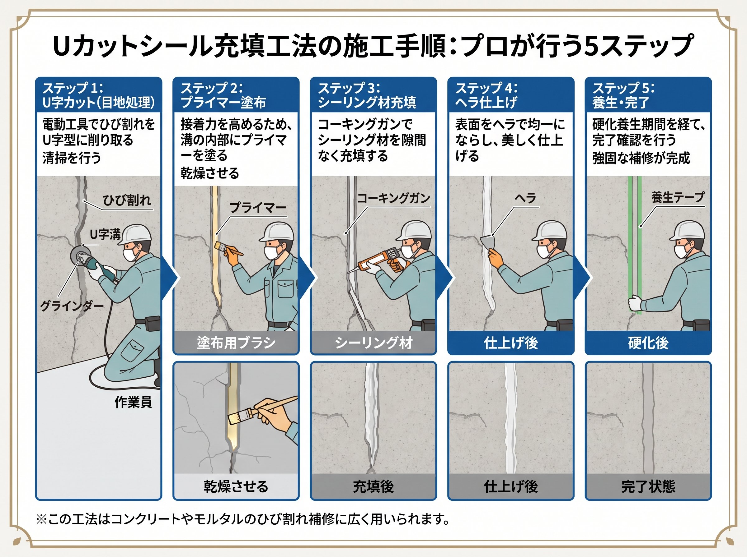 uカットシール充填工法の施工手順:プロが行う5ステップ