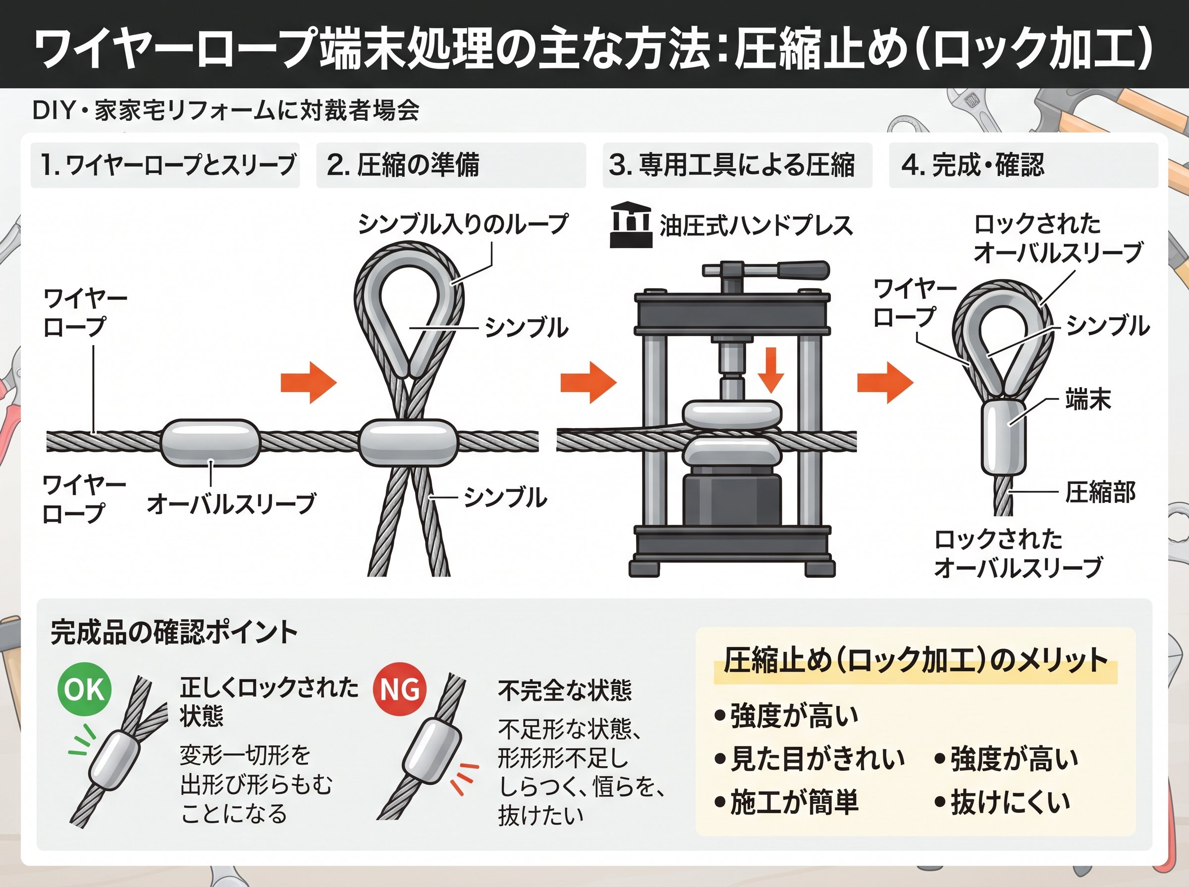 ワイヤーロープ端末処理の主な方法:圧縮止め(ロック加工)