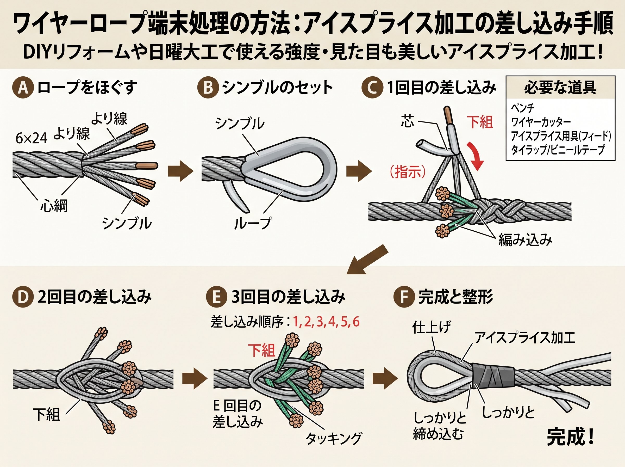 ワイヤーロープ端末処理の方法:アイスプライス加工の差し込み手順