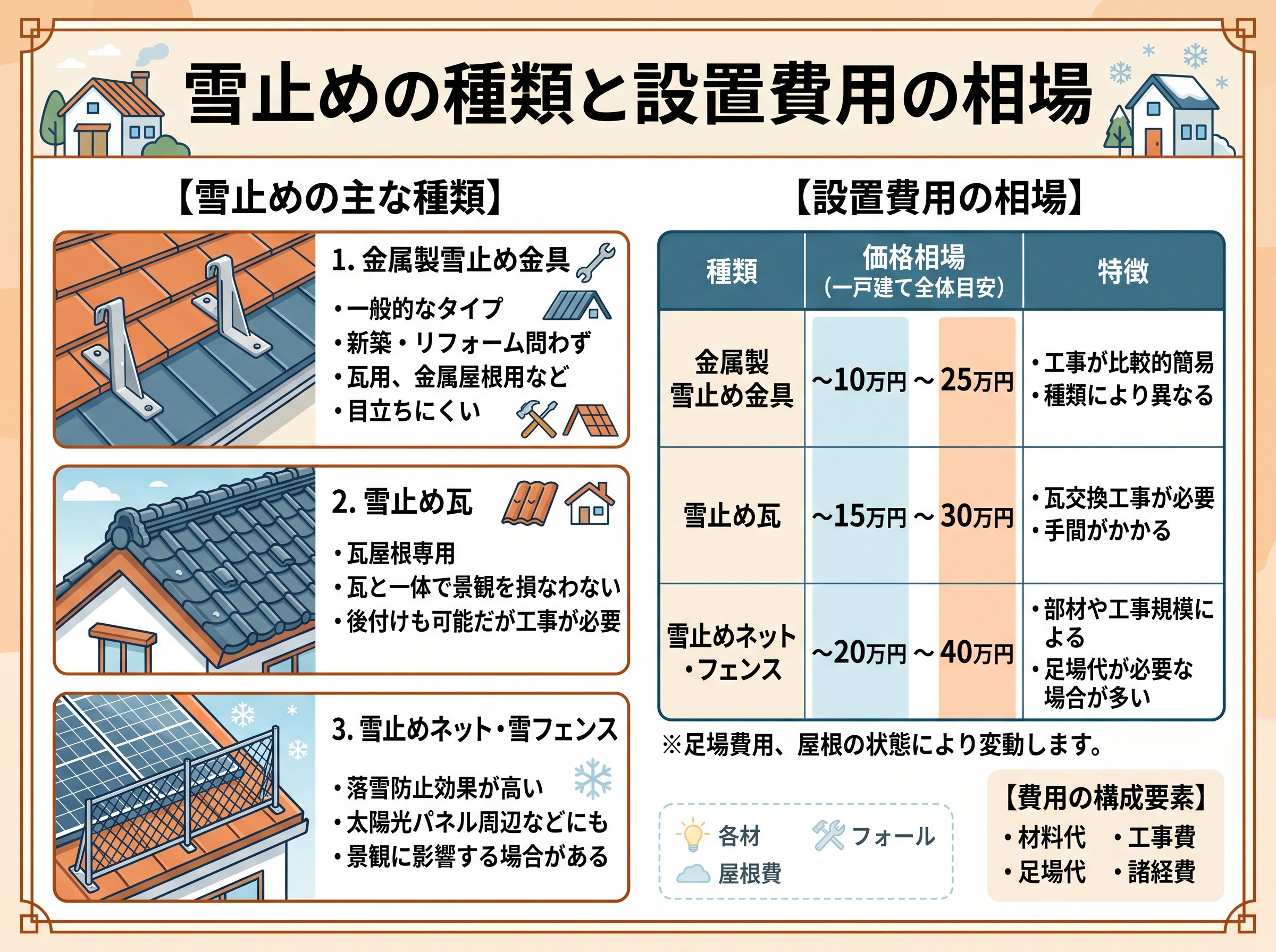 雪止めの種類と設置費用の相場