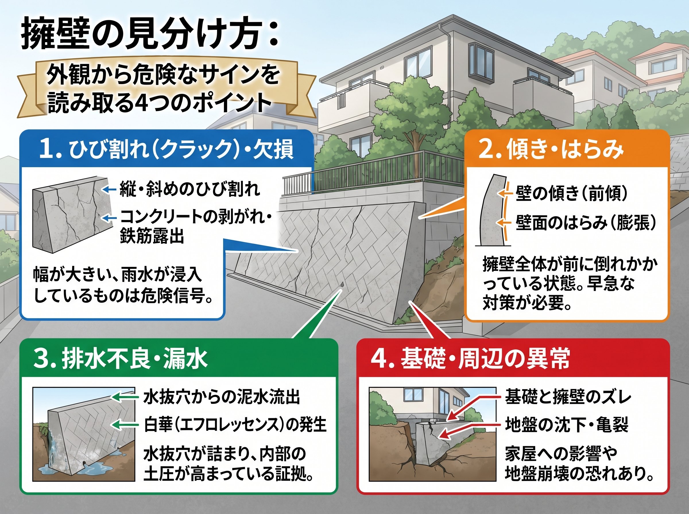 擁壁の見分け方:外観から危険なサインを読み取る4つのポイント