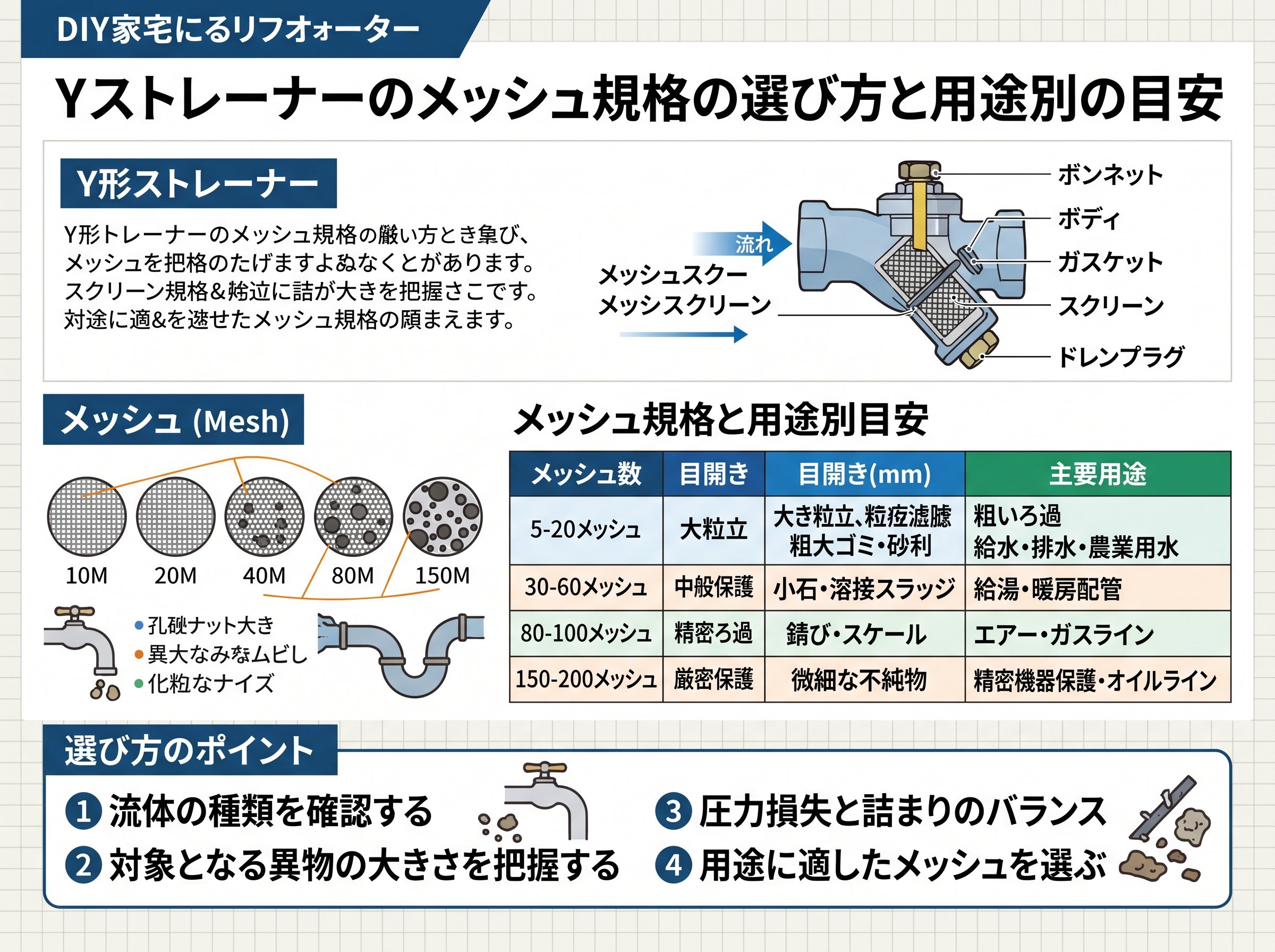 yストレーナーのメッシュ規格の選び方と用途別の目安