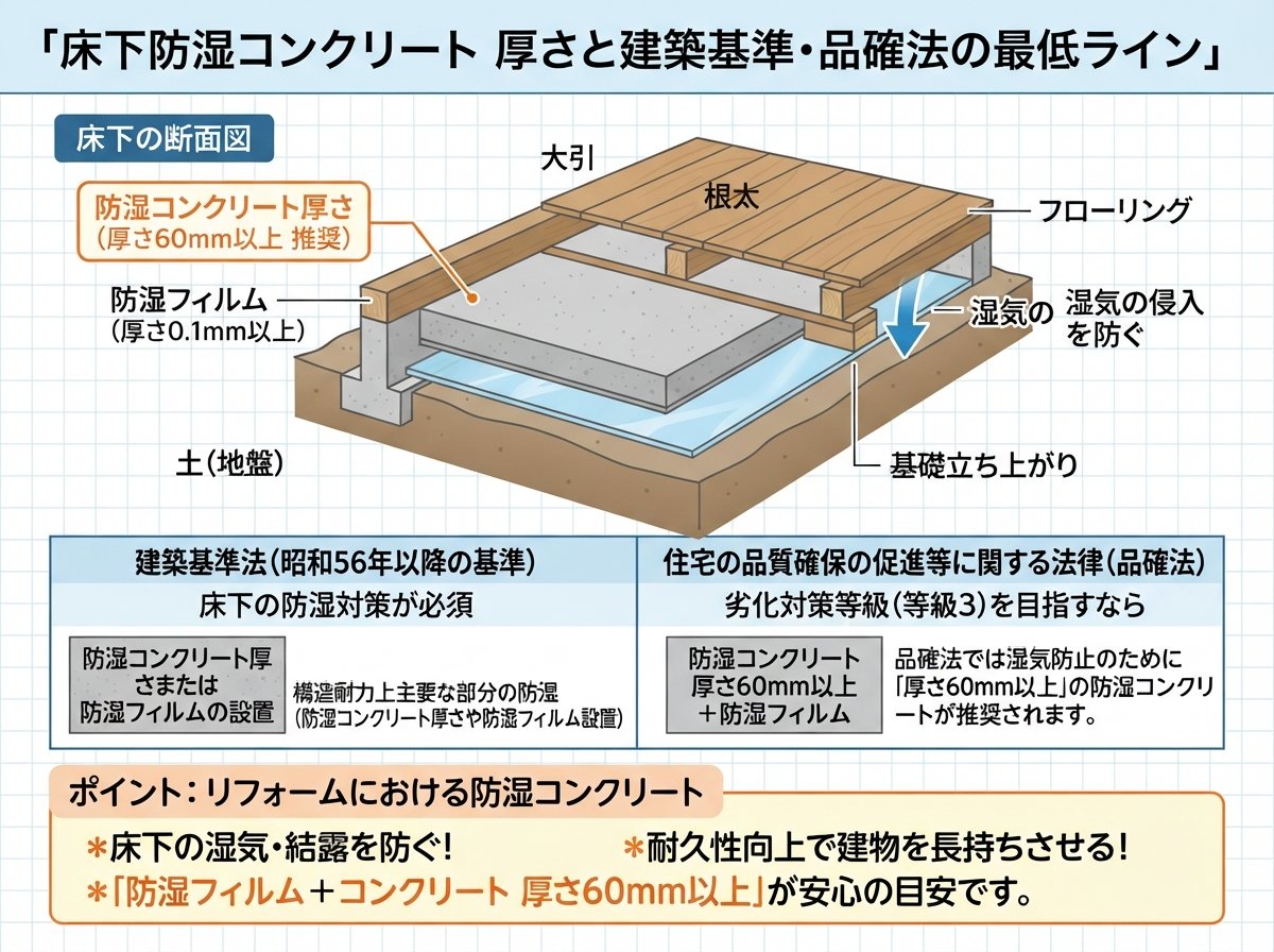 床下防湿コンクリート 厚さと建築基準・品確法の最低ライン