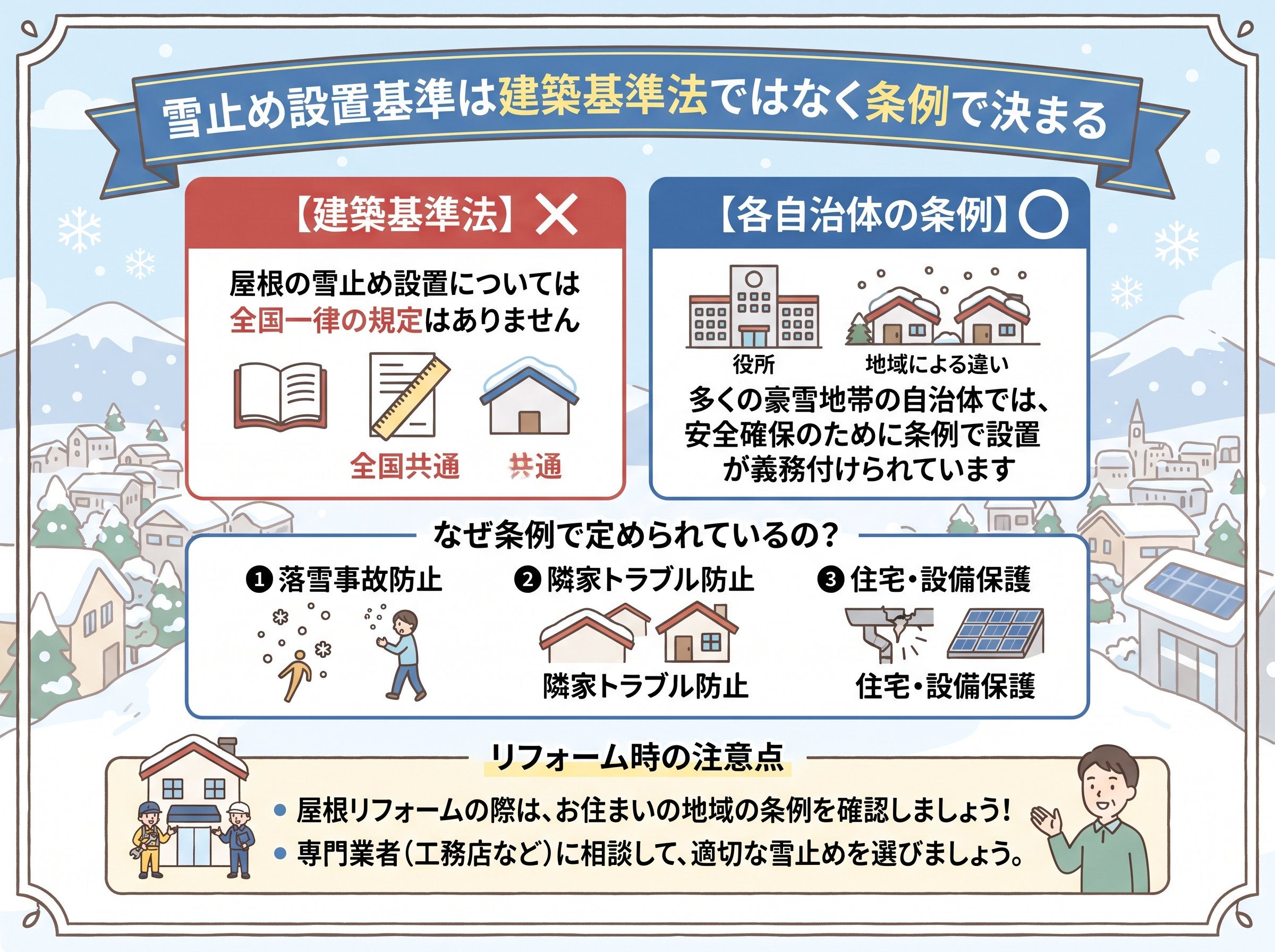 雪止め設置基準は建築基準法ではなく条例で決まる