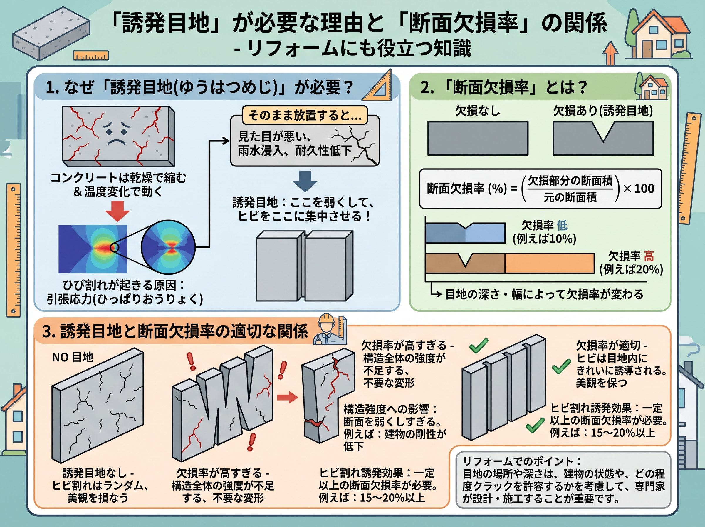 誘発目地が建築で必要になる理由と断面欠損率の関係