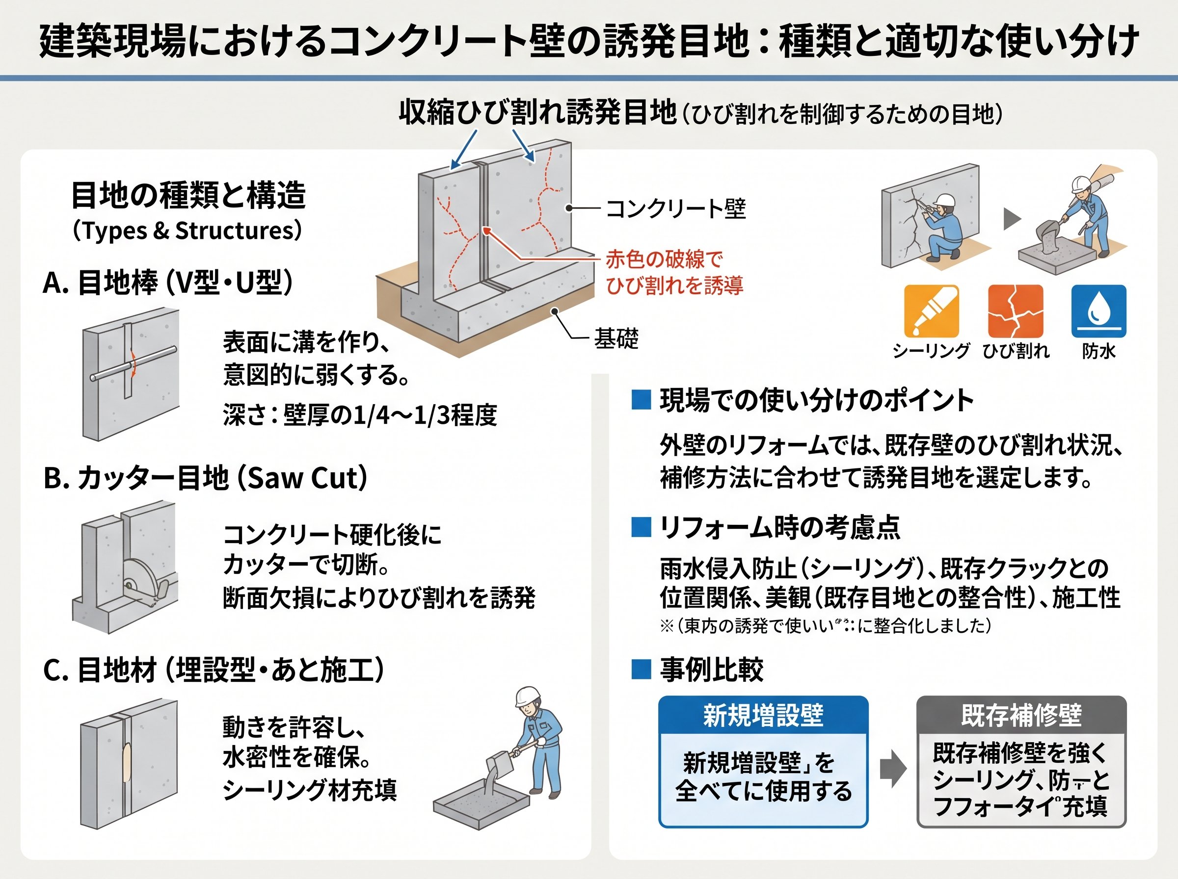 誘発目地の種類と建築現場での使い分け